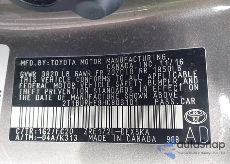 2017 Toyota Corolla Se z USA, uszkodzony, nr VIN 2T1BURHE9HC806101